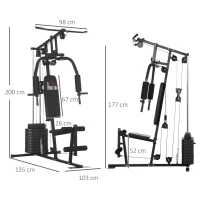 HOMCOM Statiune fitness cu greutati de 45kg pentru antrenament profesional la tine acasa, din otel, 135x103x210cm, Negru(m-3)