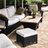 Outsunny Rattan Footstool Wicker Ottoman with Padded Seat Cushion Outdoor Patio Furniture for Garden Poolside Living Room, 50 x 50 x 35 cm, Black(m-10)