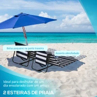 Outsunny Conjunto de 2 Esteiras de Praia Dobrável Esteiras Acolchoadas com Encosto Reclinável  142x51x40 cm Branco e Azul(m-4)