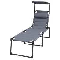 Outsunny Espreguiçadeira Dobrável Espreguiçadeira de Jardim com Toldo Ajustável para Jardim Terraço Piscina 70x200x45 cm Cinza(m-11)