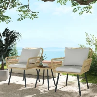 Outsunny Conjunto de Mesa e Poltronas para Jardim Exterior Jogo de 3 Peças de Vime com 2 Poltronas 1 Mesa para Terraço Natural(m-2)