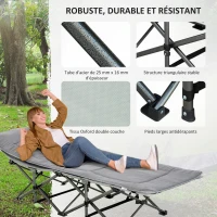 Outsunny Lit de camp pliable transat avec matelas, appui-tête, pochette latérale et sac intégré, en métal et tissu Oxford, gris(m-5)