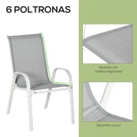 Outsunny Conjunto de Jardim Refeição de 7 Peças Jogo de Mesa e 6 Cadeiras para Terraço com Tampo de Vidro Cinza(m-5)