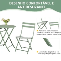 Outsunny Conjunto de Móveis de Jardim Dobráveis Conjunto de 1 Mesa Redonda e 2 Cadeiras de Varanda com Estrutura de Aço Verde Escuro(m-6)