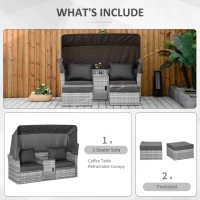 Outsunny 2-Seater Outdoor Rattan Daybed Sofa Footstool Coffee Table Set w/ Canopy, Cushion(m-4)