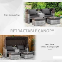 Outsunny 2-Seater Outdoor Rattan Daybed Sofa Footstool Coffee Table Set w/ Canopy, Cushion(m-5)