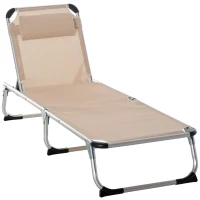 Outsunny Foldable Outdoor Sun Lounger, Reclining Lounge Chair Camping Bed Cot with Pillow 4-Level Adjustable Back Aluminium Frame, Khaki(m-1)