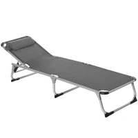Outsunny Foldable Reclining Sun Lounger Lounge Chair Camping Bed Cot with Pillow 4-Level Adjustable Back Aluminium Frame Dark Grey(m-11)