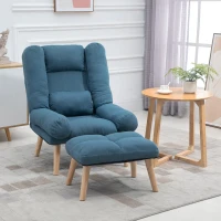 HOMCOM Armchair with Footstool, 180° Recliner with Ottoman, Accent Chair and Footstool with 3-Position Adjustable Backrest and Wooden Legs for Living Room, Blue(m-10)