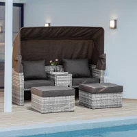 Outsunny 2-Seater Outdoor Rattan Daybed Sofa Footstool Coffee Table Set w/ Canopy, Cushion(m-10)