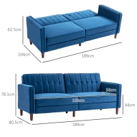 HOMCOM Velvet-Feel Three-Seater Sofa Bed - Blue(m-3)
