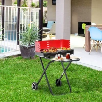 Outsunny Charcoal Trolley BBQ Barbecue Grill Patio Camping Picnic Garden Party Outdoor Cooking with Windshield, Wheels Side Trays, Black/Red(m-10)