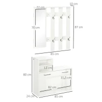 HOMCOM Móvel Cabide de Entrada com Espelho Cabide e Sapateira com 6 Ganchos e Prateleiras para 8 Pares de Sapatos Branco Brilhante(m-3)