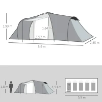 Outsunny Tenda de Campismo Familiar para 4-6 Pessoas Tenda Dobrável com 2 Janelas Impermeável Anti-UV 590x245x193 cm Cinza(m-3)