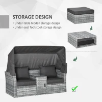 Outsunny 2-Seater Outdoor Rattan Daybed Sofa Footstool Coffee Table Set w/ Canopy, Cushion(m-6)