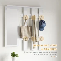 HOMCOM Móvel Cabide de Entrada com Espelho Cabide e Sapateira com 6 Ganchos e Prateleiras para 8 Pares de Sapatos Branco Brilhante(m-5)