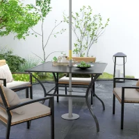 Outsunny 94 x 94 cm Garden Table with Parasol Hole, Outdoor Dining Garden Table for Four with Slatted Metal Plate Top, Dark Grey(m-10)