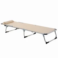 Outsunny Foldable Outdoor Sun Lounger, Reclining Lounge Chair Camping Bed Cot with Pillow 4-Level Adjustable Back Aluminium Frame, Khaki(m-7)