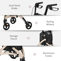HOMCOM 3 Wheel Rollator, Lightweight Aluminium Tri Walker with Adjustable Handle, Storage Bag and Dual Brakes, Folding Mobility Walking Aid for Elderly, Handicapped, 5.3kg, Gold Tone(m-5)
