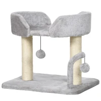PawHut 42cm Indoor Cat Tree, with Toy Balls, Sisal Scratching Post - Light Grey(m-1)
