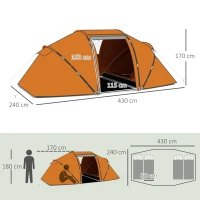 Outsunny 4-6 Man Camping Tent w/ Two Bedroom, Hiking Sun Shelter, UV Protection Tunnel Tent, Orange(m-3)