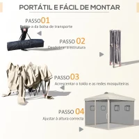 Outsunny Tenda Dobrável 3x3 m Tenda de Jardim com Parede Lateral de Malha 6 Janelas Altura Ajustável para Campismo Festas Bege(m-4)