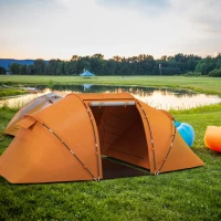 Outsunny 4-6 Man Camping Tent w/ Two Bedroom, Hiking Sun Shelter, UV Protection Tunnel Tent, Orange(m-10)