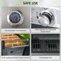 Outsunny Gas Barbecue Grill 3+1 Burner Garden Smoker BBQ Trolley w/ Side Burner Warming Rack Side Shelves Storage Cabinet Piezo Ignition Thermometer Stainless Steel + Metal(m-6)