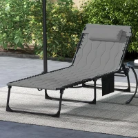 Outsunny Foldable Sun Lounger with 5-level Reclining Back, Outdoor Tanning Chair Sun Lounger with Build-in Padded Seat, Side Pocket, Headrest for Beach, Yard, Patio, Grey(m-10)