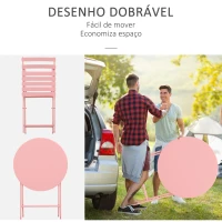 Outsunny Conjunto de Móveis de Jardim Dobráveis Conjunto de 1 Mesa Redonda e 2 Cadeiras de Varanda com Estrutura de Aço Rosa(m-4)