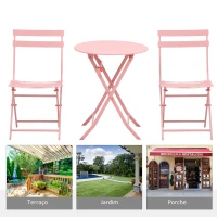 Outsunny Conjunto de Móveis de Jardim Dobráveis Conjunto de 1 Mesa Redonda e 2 Cadeiras de Varanda com Estrutura de Aço Rosa(m-6)