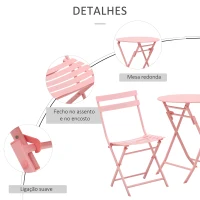 Outsunny Conjunto de Móveis de Jardim Dobráveis Conjunto de 1 Mesa Redonda e 2 Cadeiras de Varanda com Estrutura de Aço Rosa(m-5)