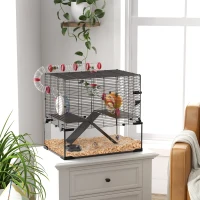 PawHut Gerbil Cage Dwarf Hamster Cage, with Deep Glass Bottom, Tunnels, Hut, Exercise Wheel, 60 x 40 x 57cm(m-2)