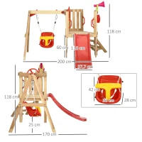 Outsunny Conjunto de Escorrega e Baloiço para Crianças de 18-48 Meses Parque Infantil de Madeira 170x200x118 cm Vermelho e Natural(m-3)
