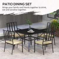 Outsunny 5 Pieces Garden Dining Set with Cushions, Outdoor Patio Table and 4 Stackable Chairs, Metal Top Table with Umbrella Hole, Black(m-6)