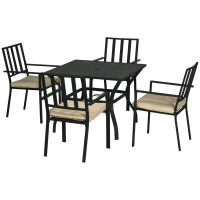 Outsunny 5 Pieces Garden Dining Set with Cushions, Outdoor Patio Table and 4 Stackable Chairs, Metal Top Table with Umbrella Hole, Black(m-1)