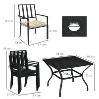 Outsunny 5 Pieces Garden Dining Set with Cushions, Outdoor Patio Table and 4 Stackable Chairs, Metal Top Table with Umbrella Hole, Black(m-3)