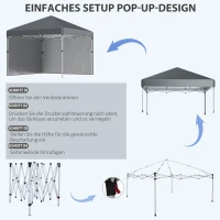 Outsunny Opvouwbare paviljoen met 2 zijwanden, verstelbare hoogte, inclusief draagtas, roestvrij stalen frame, 3x3 m, Donkergrijs(m-6)