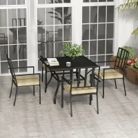 Outsunny 5 Pieces Garden Dining Set with Cushions, Outdoor Patio Table and 4 Stackable Chairs, Metal Top Table with Umbrella Hole, Black(m-2)