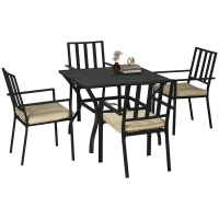 Outsunny 5 Pieces Garden Dining Set with Cushions, Outdoor Patio Table and 4 Stackable Chairs, Metal Top Table with Umbrella Hole, Black(m-11)