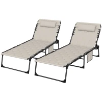 Outsunny Set of Two Sun Loungers, with Five-Position Reclining Backs - Khaki(m-1)
