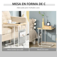 HOMCOM Mesa Auxiliar de Sofá en Forma de C con Bolsa de Almacenaje Extraíble Mesa Lateral para Salón Dormitorio Oficina 37x48x55,8 cm Roble y Blanco(m-4)