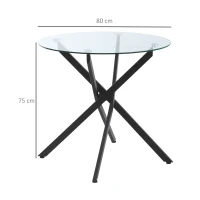 HOMCOM Mesa de Comedor Redonda con Encimera de Cristal Templado Transparente y Patas Cruzadas de Metal Mesa de Centro Moderna para Salón Ø80x75 cm Negro(m-3)