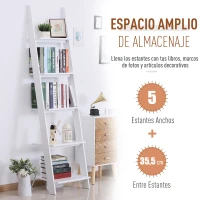 HOMCOM Estantería de Escalera Moderna Estantería para Libros Librería con 5 Estantes para Salón Oficina 50x40x195 cm Blanco(m-4)