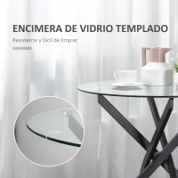 HOMCOM Mesa de Comedor Redonda con Encimera de Cristal Templado Transparente y Patas Cruzadas de Metal Mesa de Centro Moderna para Salón Ø80x75 cm Negro(m-4)