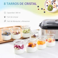 HOMCOM Yogurtera 30W Capacidad 1,44L con 8 Tarros de Cristal de 180 ml Termostato Ajustable Temporizador de 1-48 Horas y Apagado Automático 36x18,8x14 cm Plata(m-4)