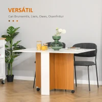 HOMCOM Mesa de Comedor Plegable con Ruedas Mesa Auxiliar Multifuncional con 2 Alas Abatibles 120x80x73 cm Blanco y Teca(m-6)