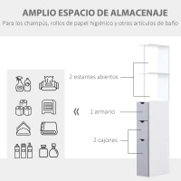 HOMCOM Columna de Baño Moderno Mueble Auxiliar de Baño con 2 Estantes 2 Cajones y 1 Puerta Antivuelco 15x33x136,5 cm Blanco(m-4)