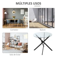 HOMCOM Mesa de Comedor Redonda con Encimera de Cristal Templado Transparente y Patas Cruzadas de Metal Mesa de Centro Moderna para Salón Ø80x75 cm Negro(m-7)