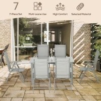 Outsunny 7 Piece Garden Dining Set, Outdoor Table and 6 Folding and Reclining Chairs, Aluminium Frame, Tempered Glass Top Table, Texteline Seats, Grey(m-4)